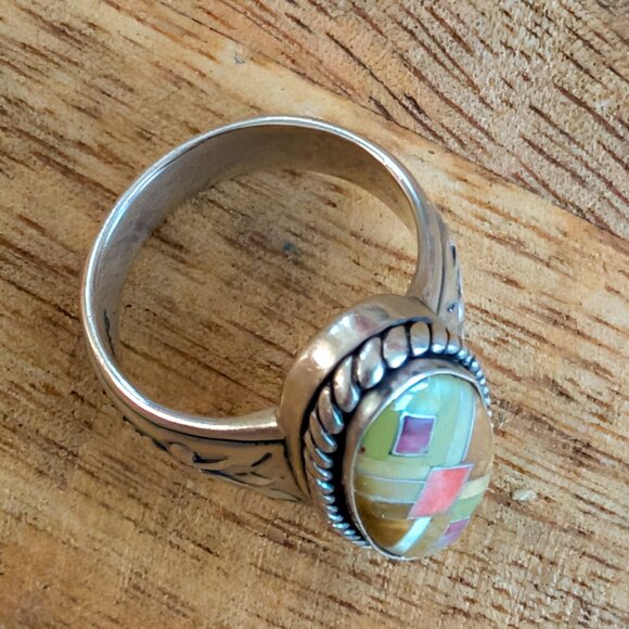 Vintage Carolyn Pollack Relios 925 Sterling Silver Oval Mosaic Inlay Ring Size 7 - Picture 3 of 6